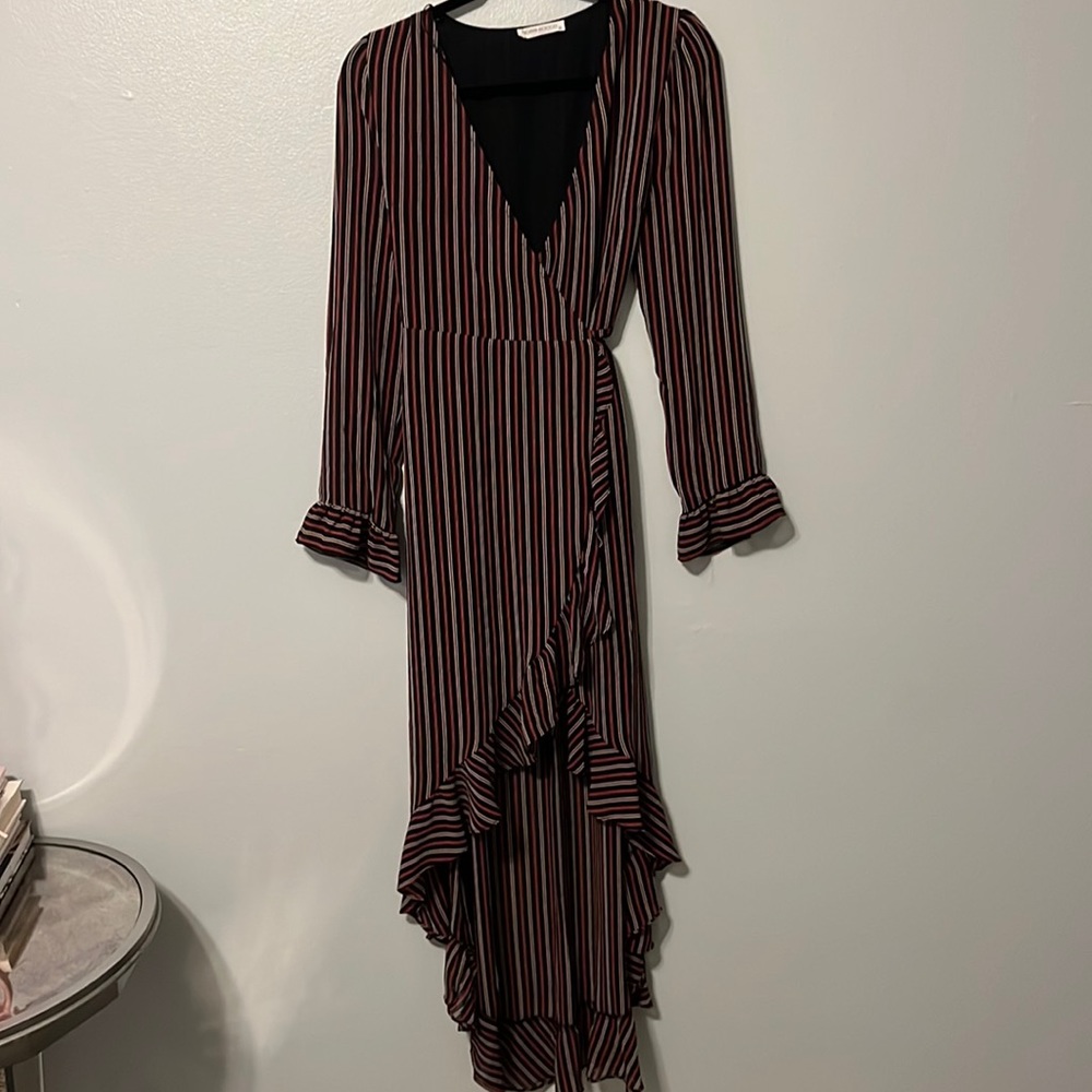 Red/Black/White high-low wrap dress. Size M